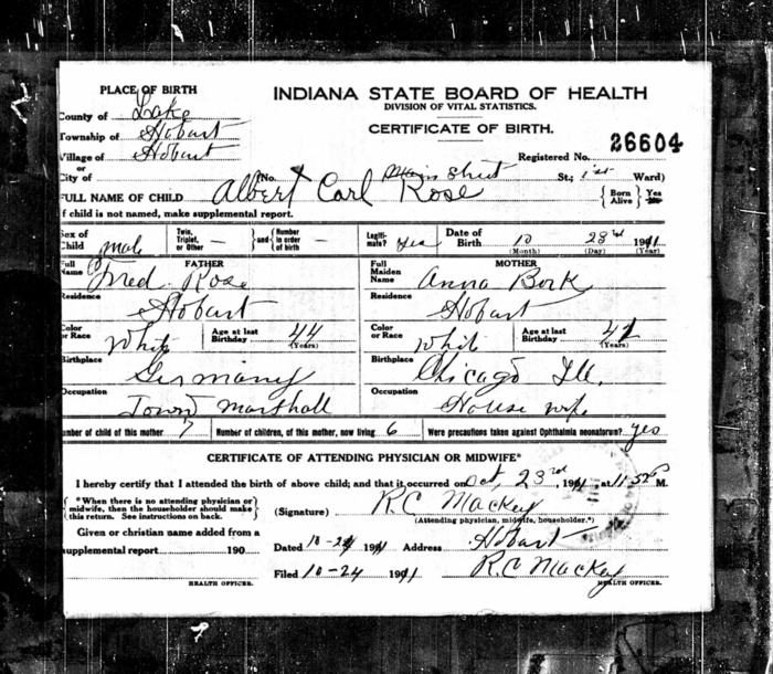 Albert Rose birth certificate, Class of 1931