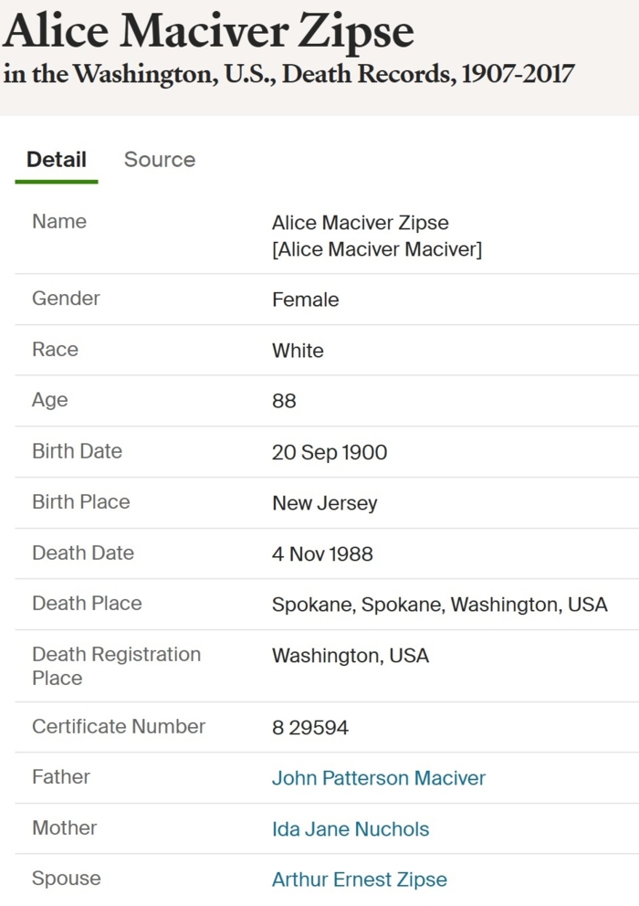 Alice MacIverZipse death certificate info, Class of 1919