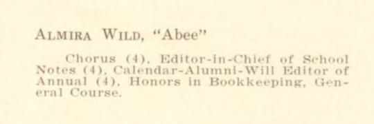 Almira Wild Halsted, caption from 1926 HHS Aurora yearbook