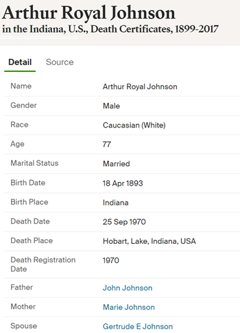 Arthur Johnson, death certificate info, Class of 1912