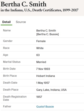 Bertha Busse Smith death certificate info, Class of 1913
