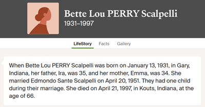 Bette Lou Perry Scalpelli, Class of 1949