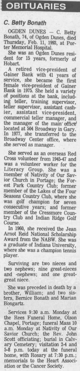Caroline Betty Bonath obituary article, Class of 1936