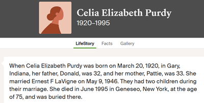 Celia Purdy LaVigne life info, Class of 1938