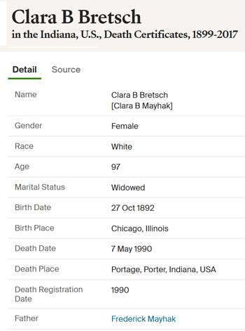 Clara Mayhak Bretsch death certificate information, Class of 1912
