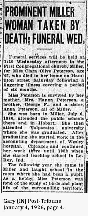 Clara Peterson obituary article, Class of 1900