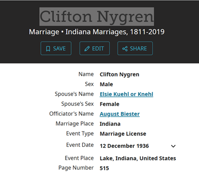 Clifton Nygren marriage info, Class of 1924