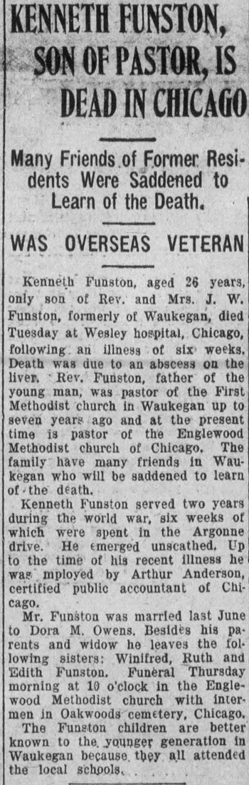 Dora Owens Funston's husband's obituary article, Class of 1918