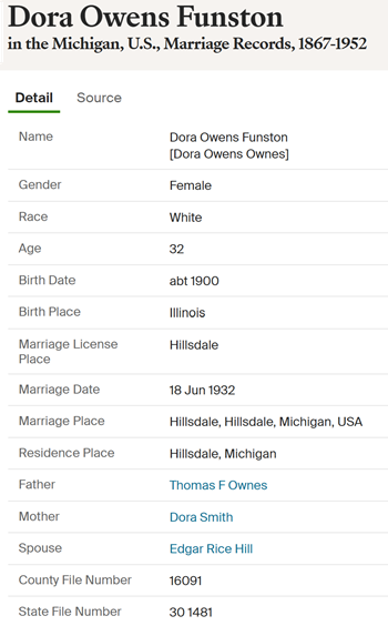 Dora Owens Funston Hill marriage information, Class of 1918