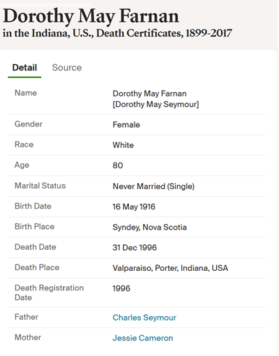 Dorothy Farnan death cert info, Class of 1935