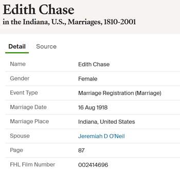 Edith Chase O'Neil marriage info, Class of 1912