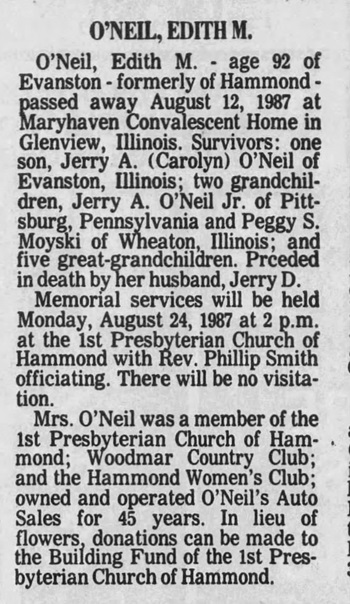 Edith Chase O'Neil obituary article, Class of 1912