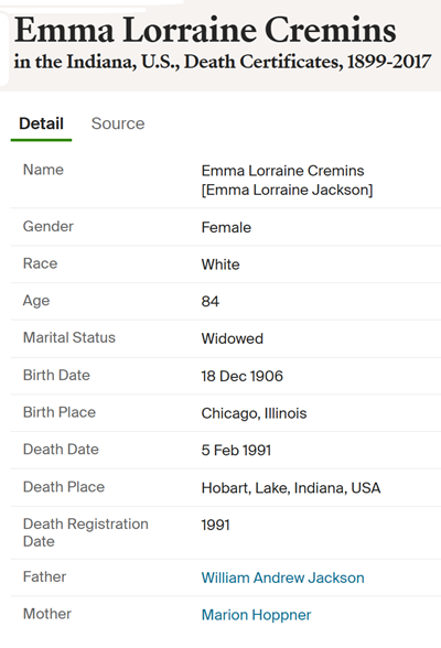 Emma Jackson Cremins death certificate info, Class of 1925