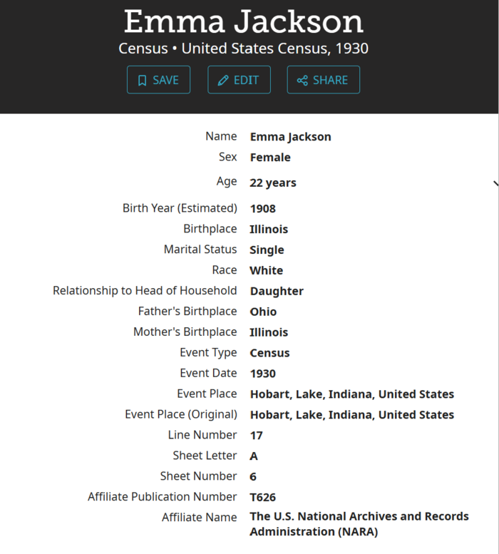 Emma Jackson Cremins census info, Class of 1925