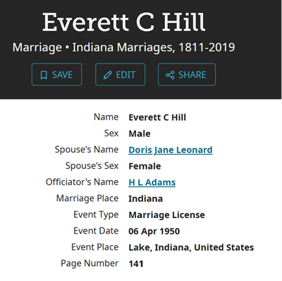Everett Hill marriage info, Class of 1928