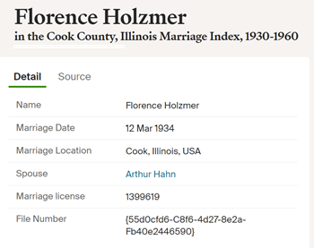 FLorence Holzmer Hahn marriage certificate info, Class of 1927