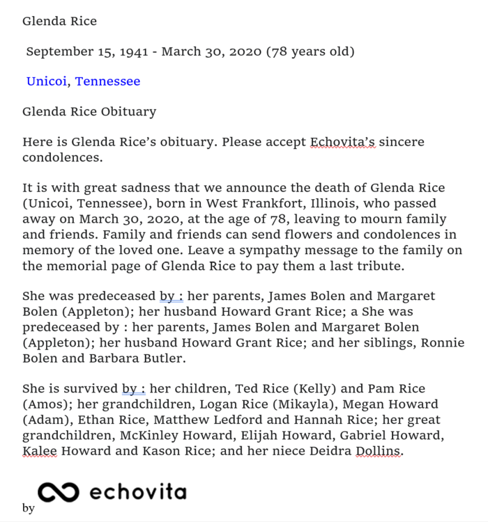 Glenda Bolen Rice obituary