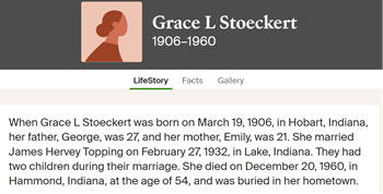 Grace Stoeckert Topping life info, Class of 1924