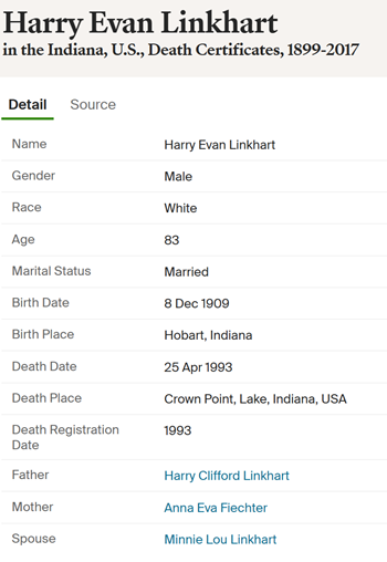 Harry Linkhart death certificate info, Class of 1928
