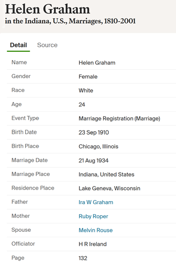 Helen Graham Rouse marriage info, Class of 1928