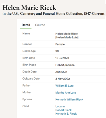 Helen Lute Rieck obit info, Class of 1941