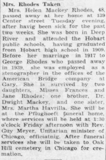 Helen Mackey Rhodes obituary, Class of 1909