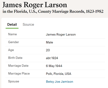James Larson marriage info, Class of 1941
