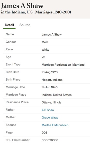 James Shaw marriage info, Class of 1941