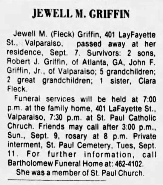 Jewell (Julia) Fleck Griffin obituary, Class of 1908