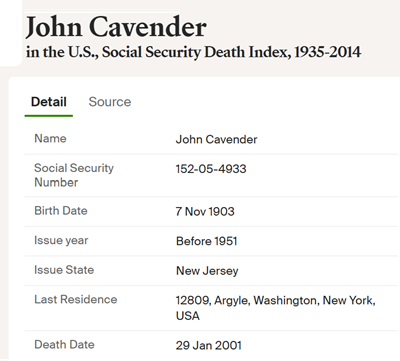 John Clinton Cavender death info, Class of 1922