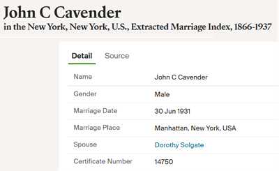 John Clinton Cavender marriage info, Class of 1922