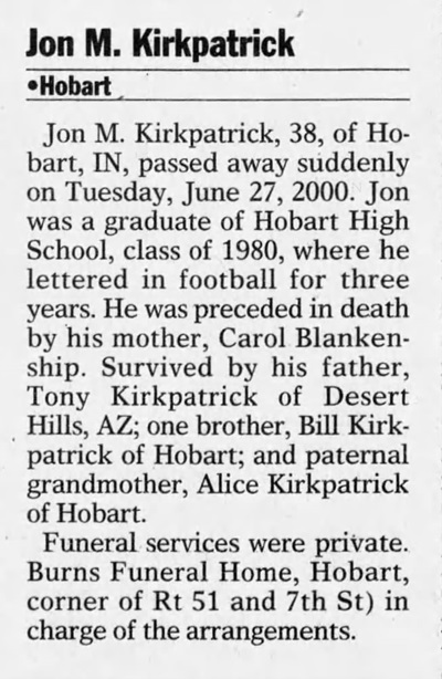 Jon Kirkpatrick obit, Class of 1980