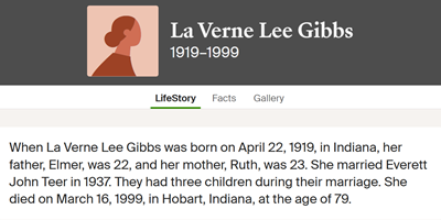 LaVerne Gibbs Teer, life info, Class of 1937