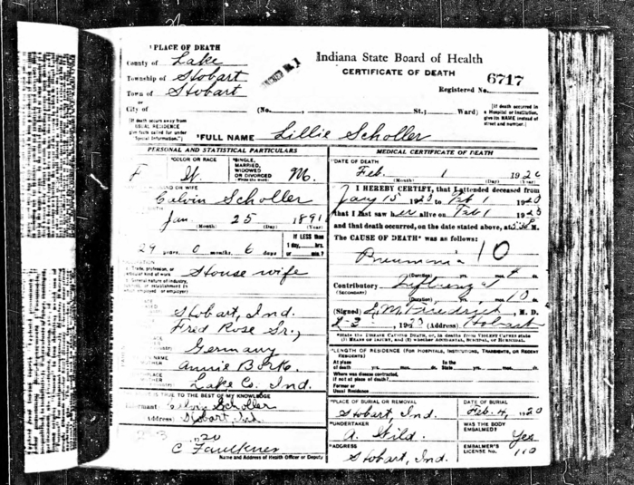 Lillie Rose Scholler, Class of 1909, death certificate