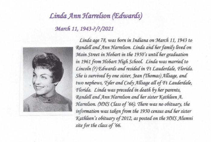 Linda Harrelson Edwards obituary, Class of 1961