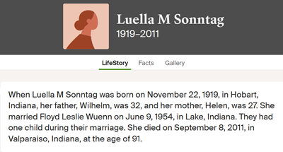 Luella Sonntag Wuenn life info, Class of 1938