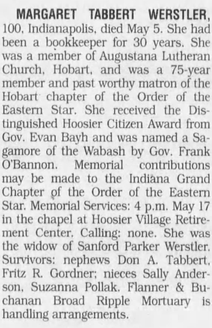 Margaret Tabbert Werstler obituary, Class of 1918