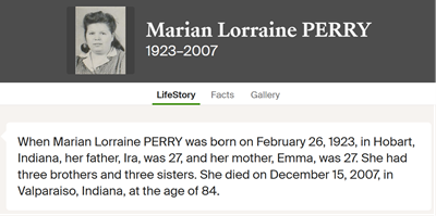 Marian (Marion) Perry life info, Class of 1942