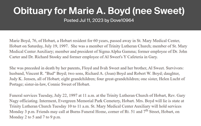 Marie Sweet Boyd obituary, Class of 1938