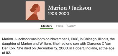 Marion Jackson VanDerKolk life info, Class of 1927