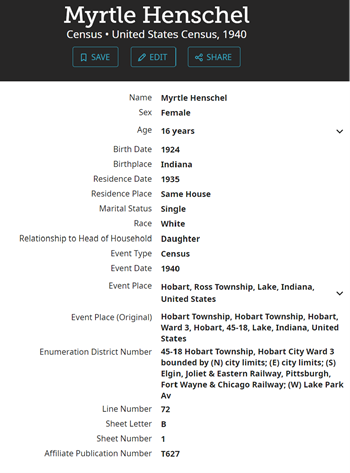 Myrtle Henschel Trubey 1940 census info, Class of 1941