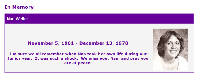 Nancy (Nan) Weiler memorial page, Class of 1980
