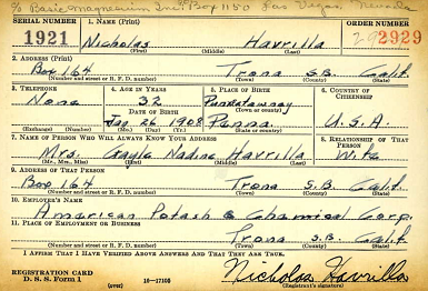 Nicholas Havrilla draft registration card, Class of 1927