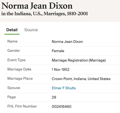 Norma Dixon Shults marriage info, Class of 1951
