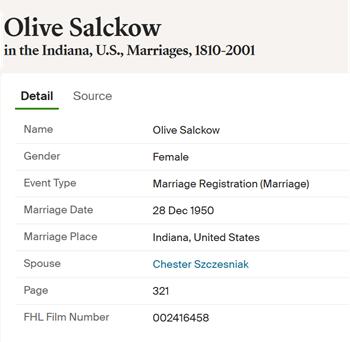 Olive Lee Salchow Szcesniak marriage info, Class of 1931