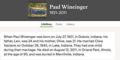 Paul Wineinger marriage info, Class of 1939