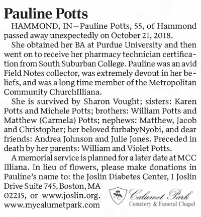 Pauline Potts obituary, Class of 1981