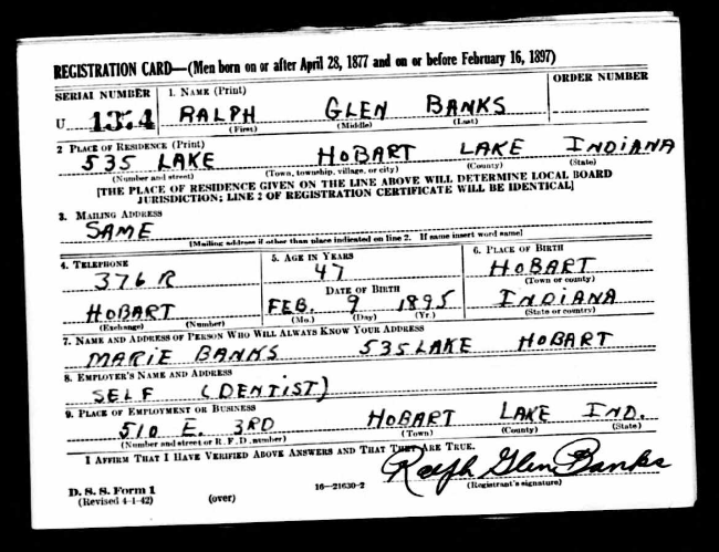 Ralph Banks draft registration card, Class of 1913