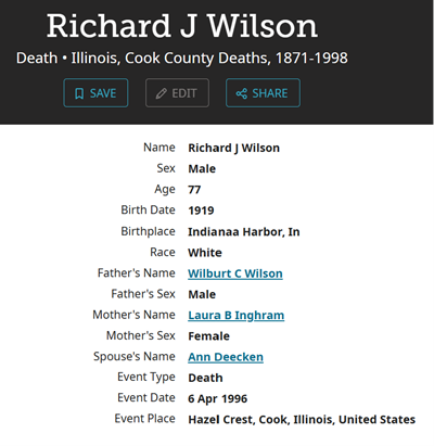 Richard Wilson obit info, Class of 1937