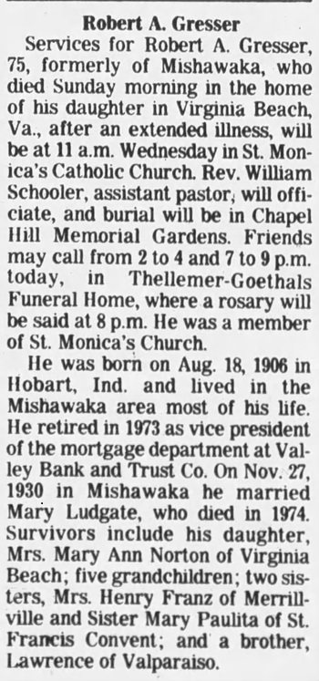 Robert Gresser obituary, Class of 1924